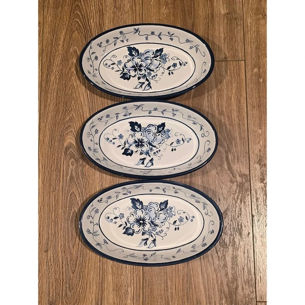 Lang Floral Blues Earthenware Oval Serving Dish Blue White - Picture 2 of 13